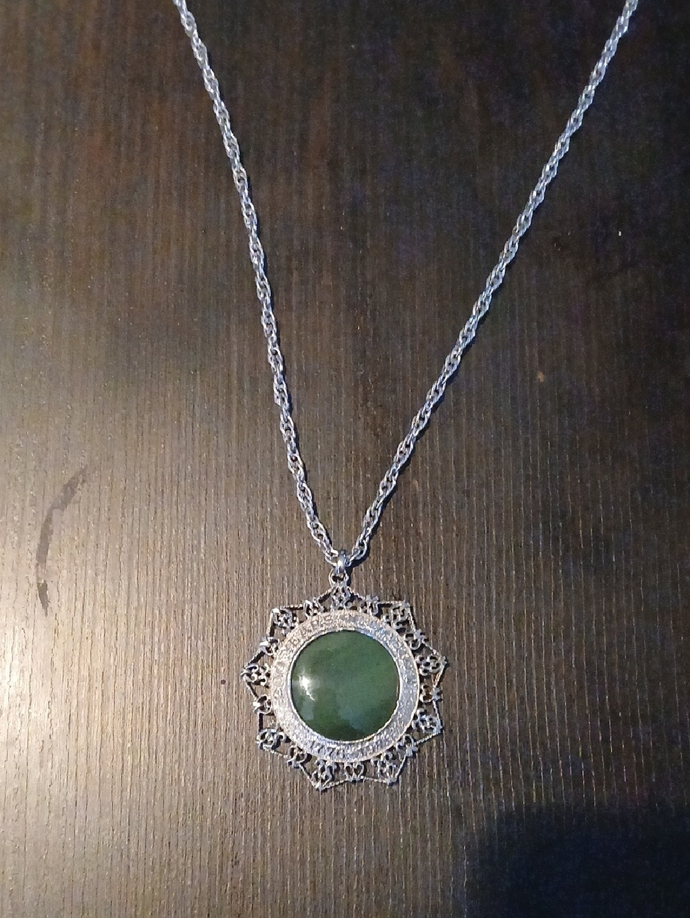Silver Filigree Pendant Necklace with Green Stone